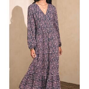 Faherty Isabella Long Sleeve Tiered Midi Dress Fiona Block Print Sz Medium NWOT